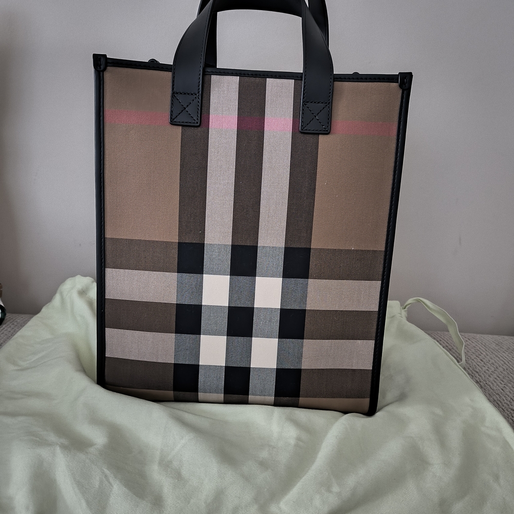 Burberry Beige Black Tan Check Canvas Tote with dust bag.